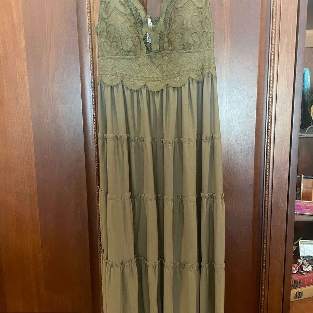 VIRAL TIKTOK Olive Green Lace knee Length Dress
